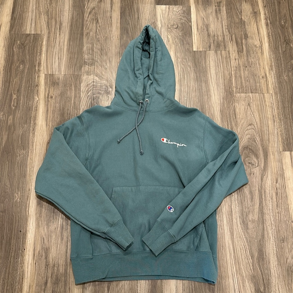 🔥 Champion Reverse Weave Teal Blue Script Logo Pullover Hoodie M